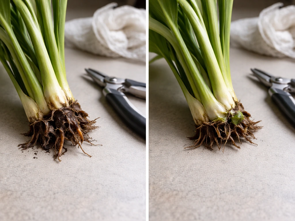 Two-panel close-up of peace lily crown base: rot vs healthy tissue after trimming, with clean pruning shears nearby.