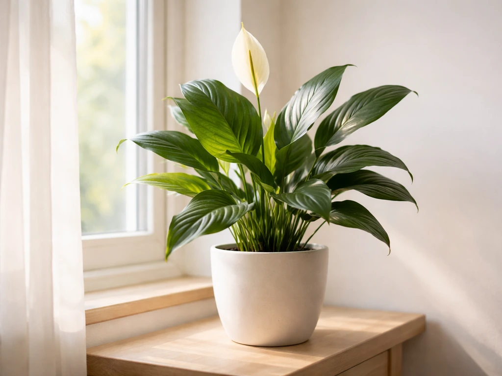 Thriving peace lily with white bloom in a bright home interior, soft natural light and healthy leaves.