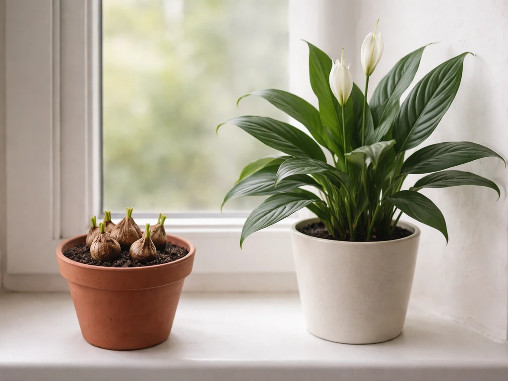 Two potted plants side by side: scaly bulb lilies in soil and a peace lily with glossy leaves.