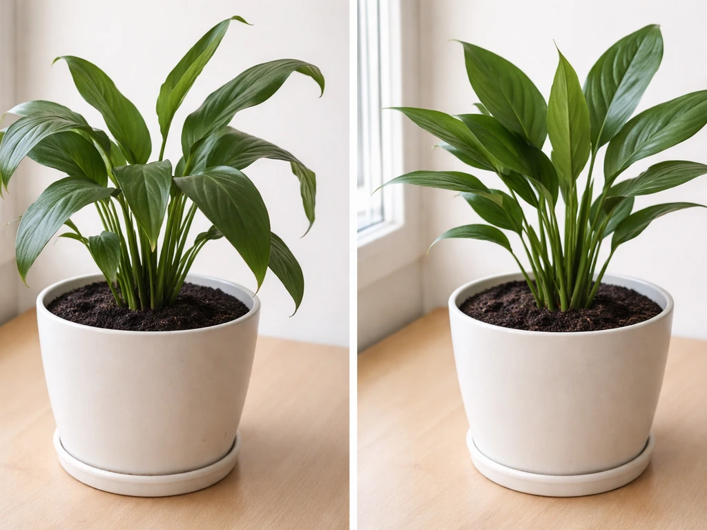 Left peace lily sits in soggy soil with drooping leaves; right is properly watered with moist soil and upright leaves.