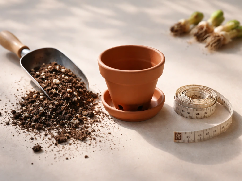 Terracotta pot with drainage, saucer, potting mix, and a tape measure set beside bulbs for planting.