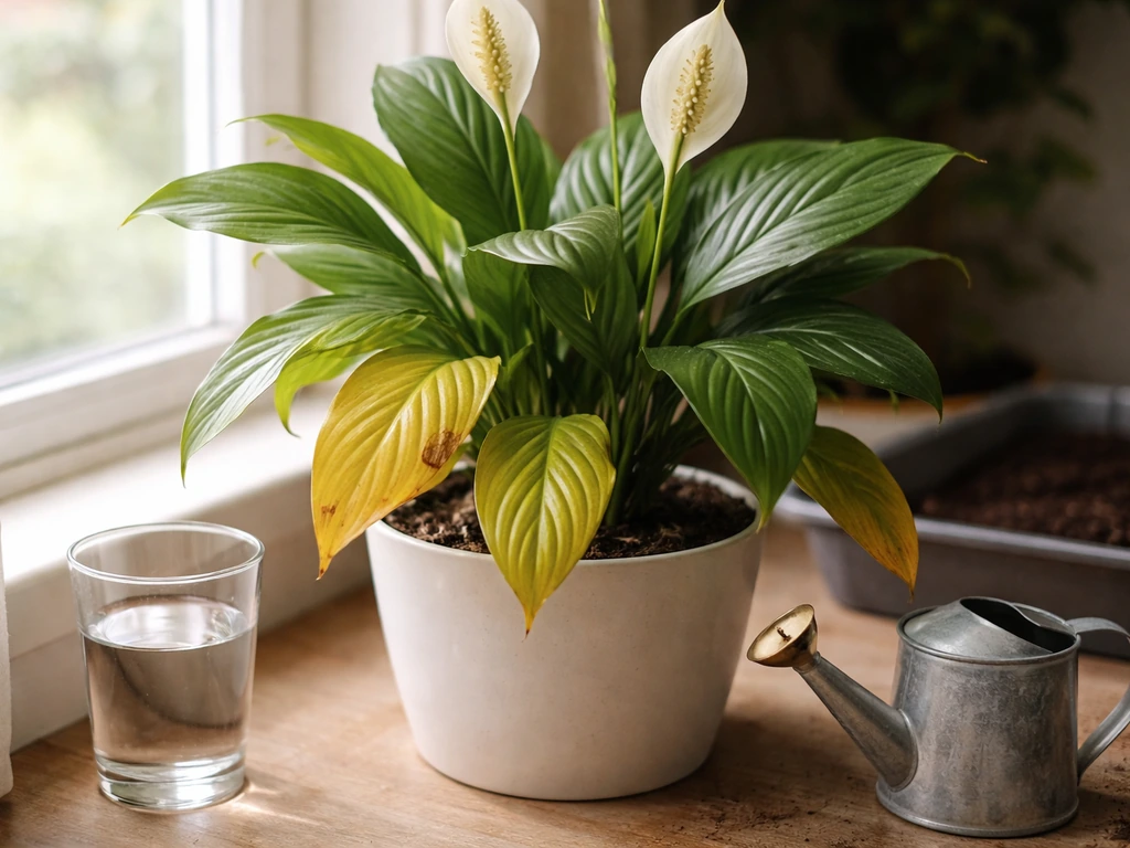 Close-up of a peace lily with yellow leaves beside water and a small watering can for overwatering clues