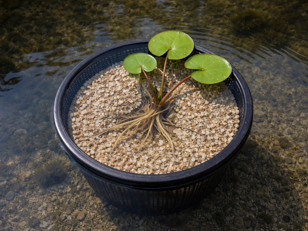 Top-down view of a water lily in a gravel-cap basket with rhizome anchored under gravel