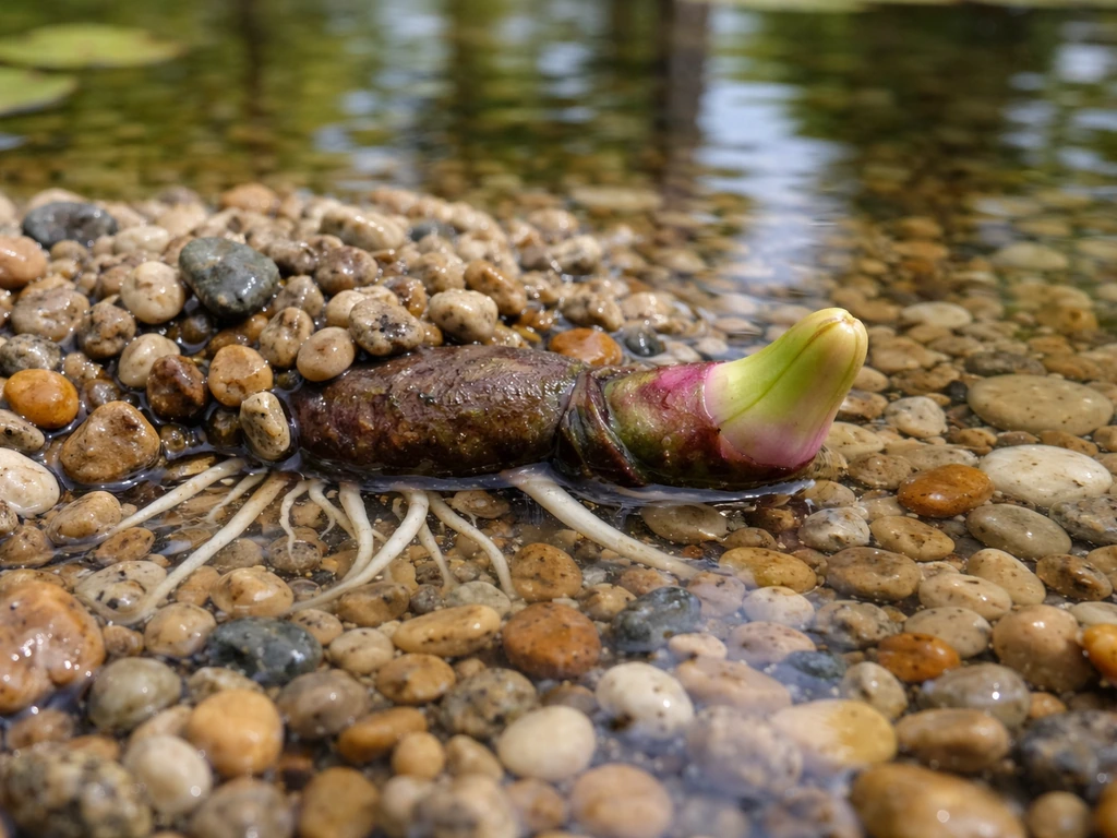 Close-up of pea gravel snug over a water lily rhizome and roots, showing anchoring contact without nutrient cues.