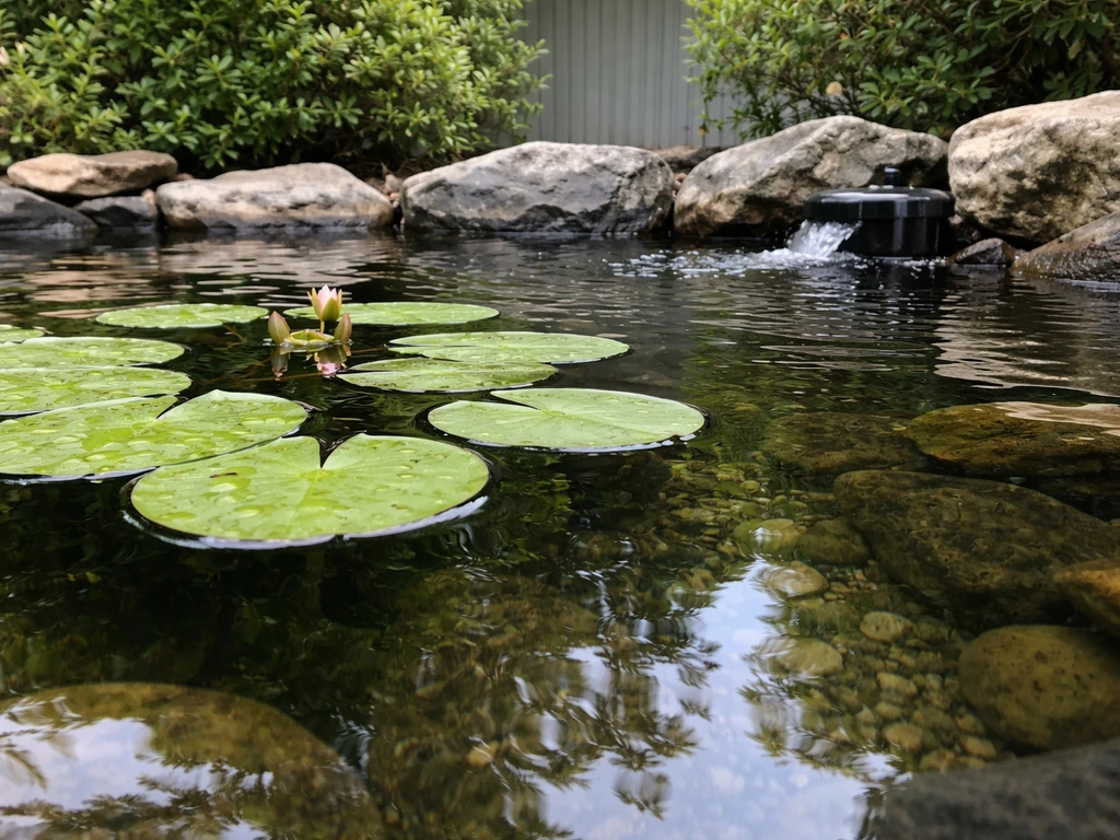 Calm pond water with lily pads near the surface and gentle filtration-driven ripples away from them.