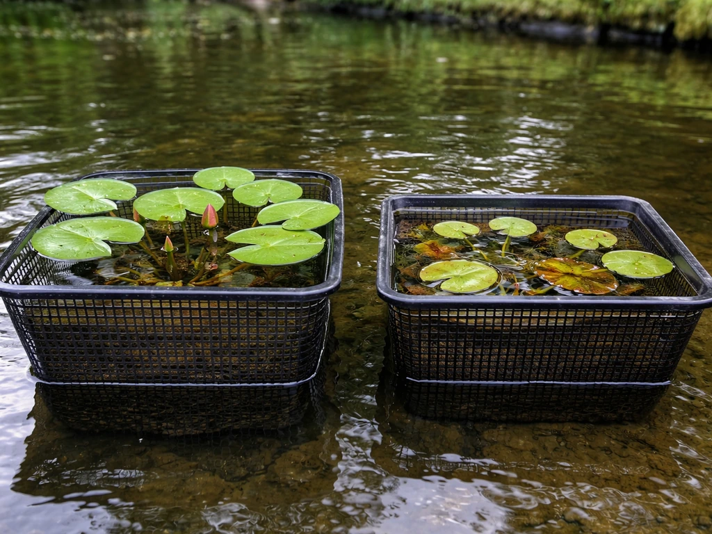 Side-by-side pond lily baskets: deep water shows healthier leaves; shallow water leaves look stalled.