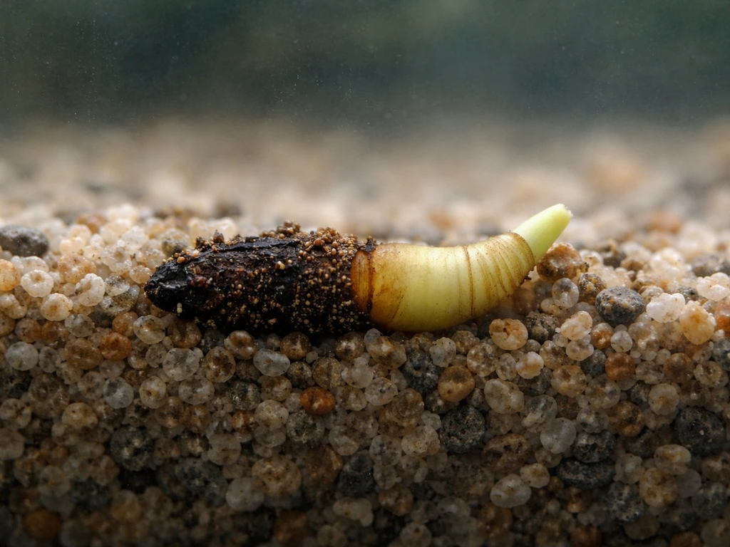 Close-up of a plant rhizome partly buried in gravel, with the growing tip covered versus exposed.