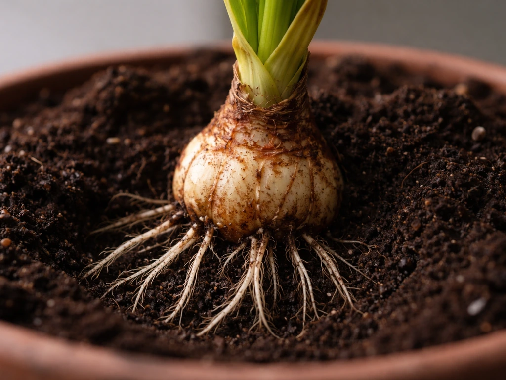 Close-up of a lily bulb in soil with healthy white roots and slight yellowing leaf tissue.