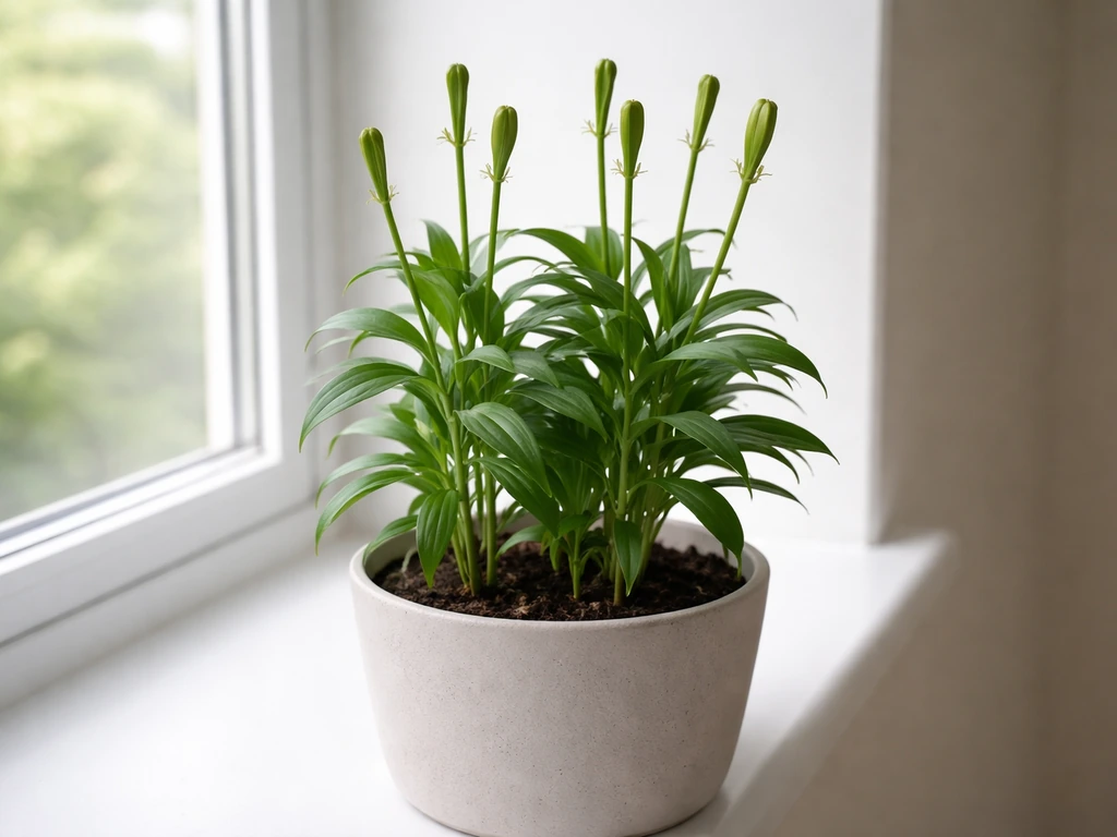 Potted lily plant after spent blooms removed, with green leaves still intact in a sunny window.