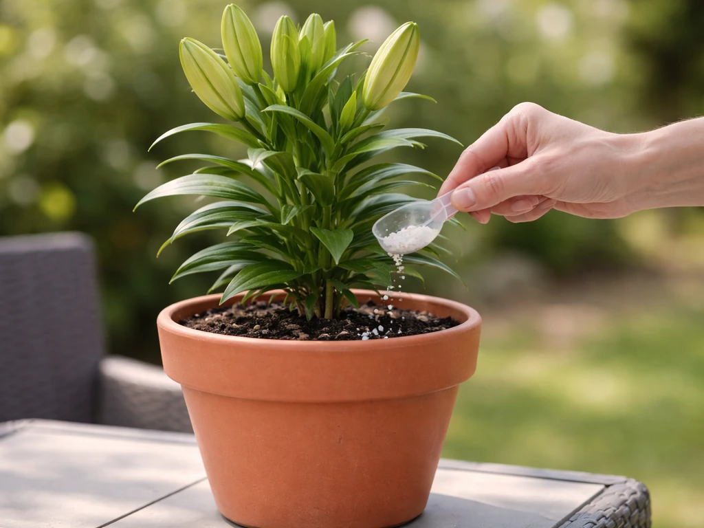 Hand applying fertilizer granules near the soil line of a healthy green lily in a pot.