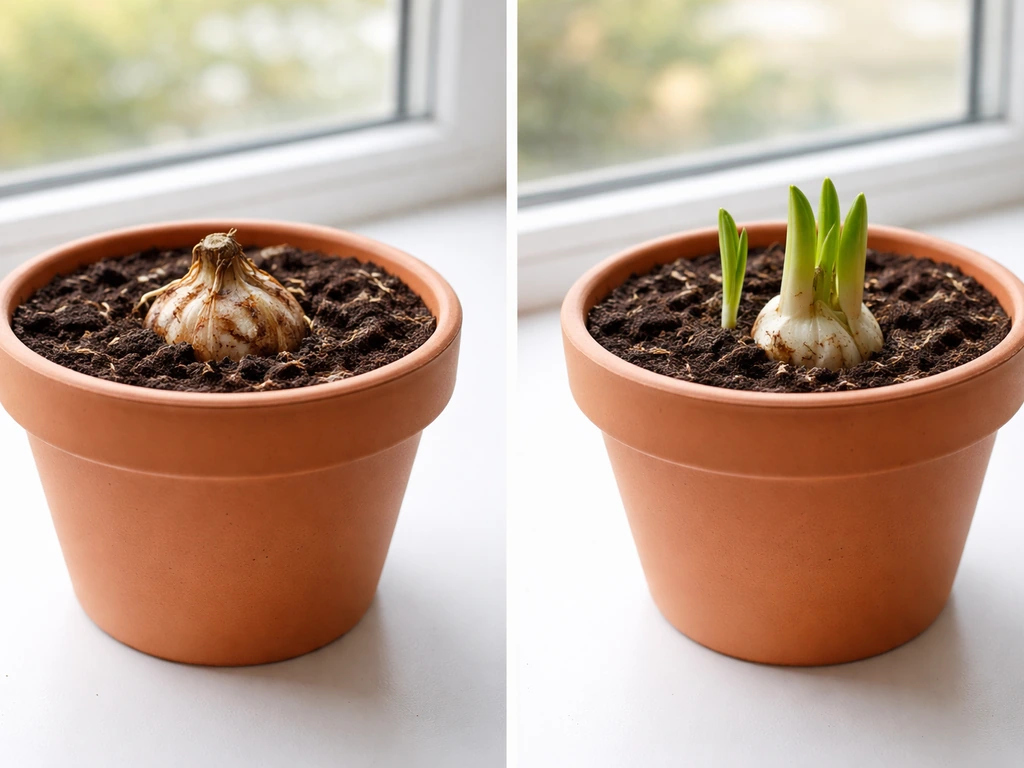 Two potted lily containers on a windowsill—one with soft bulb rot and one with healthy sprouting leaves.