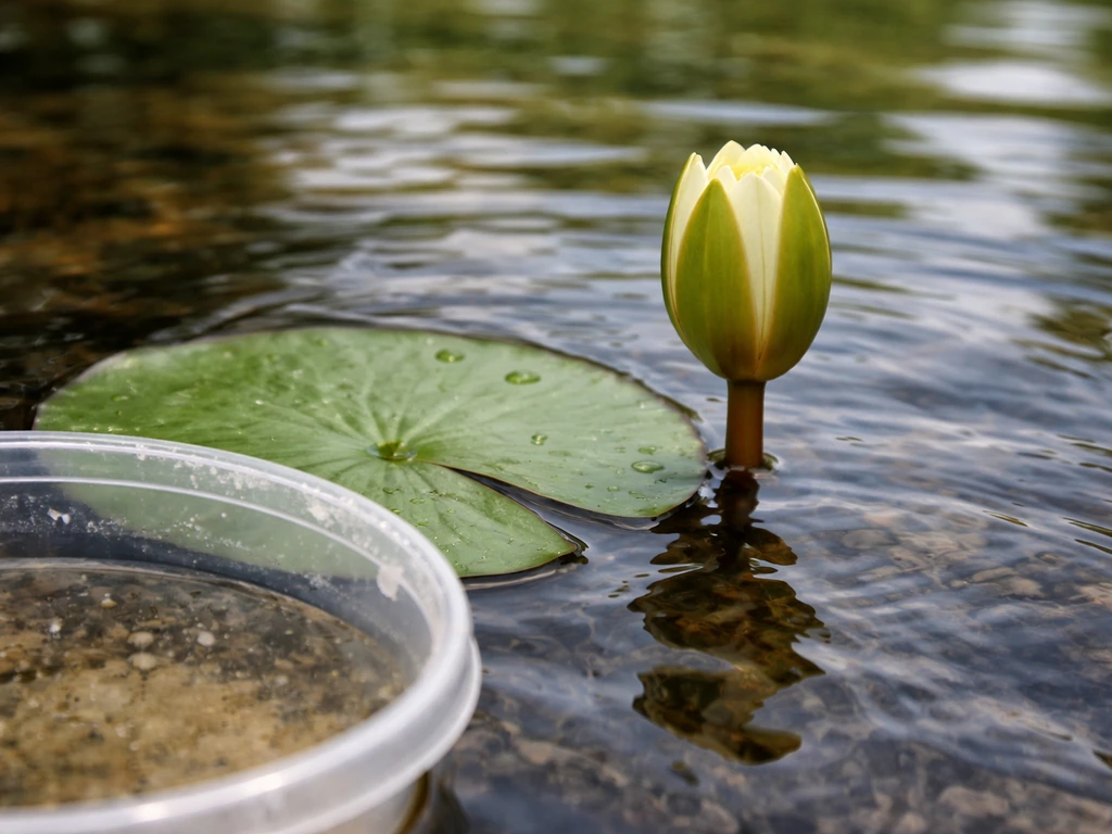 Close-up water lily with lily pads in pond water, beside a small clear container implying brackish saltwater.