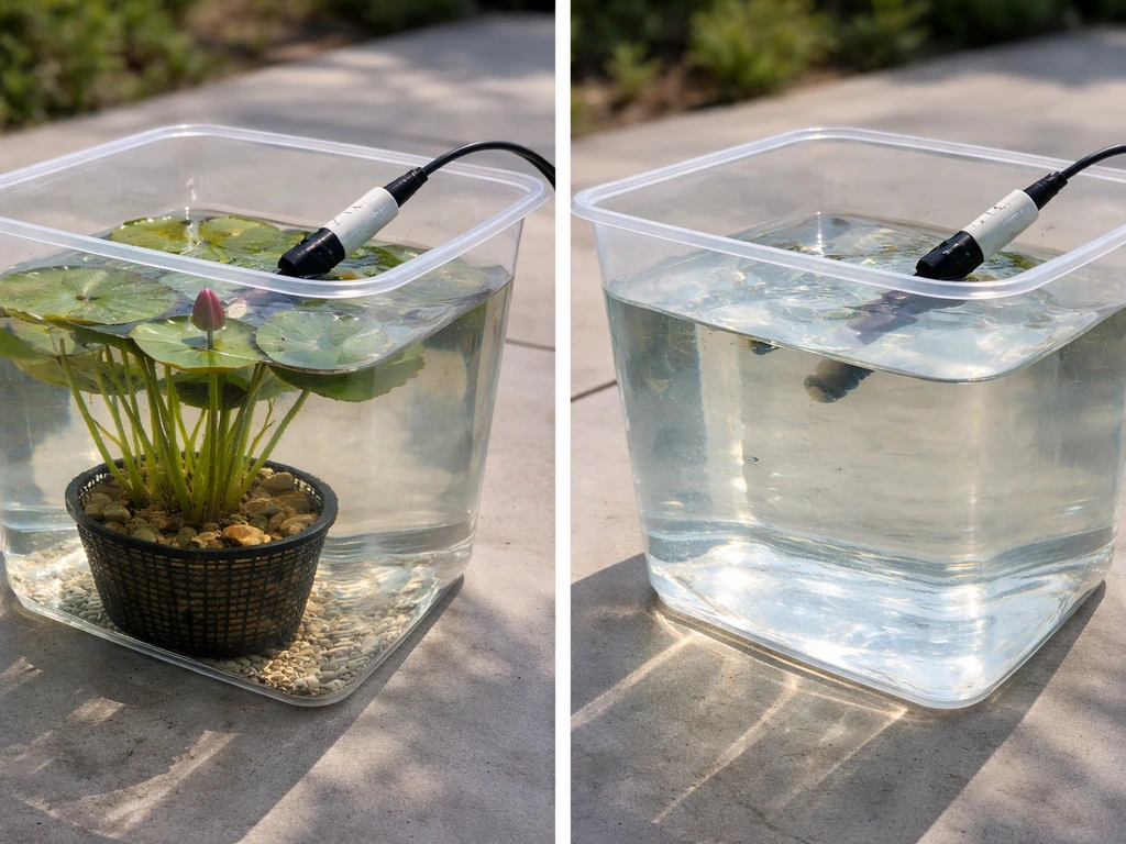 Freshwater water lily pot beside a second water container with a conductivity probe for salinity comparison