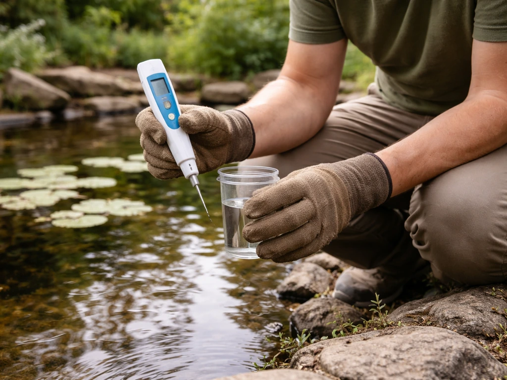Gardener holds an EC/TDS pen and a sample cup, testing pond water before planting lilies.