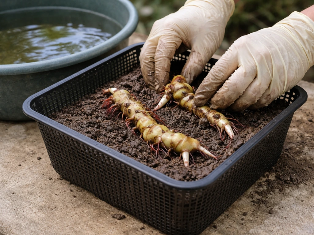 Close-up of a mesh planting basket filled with clay-loam as aquatic rhizomes are placed in it.