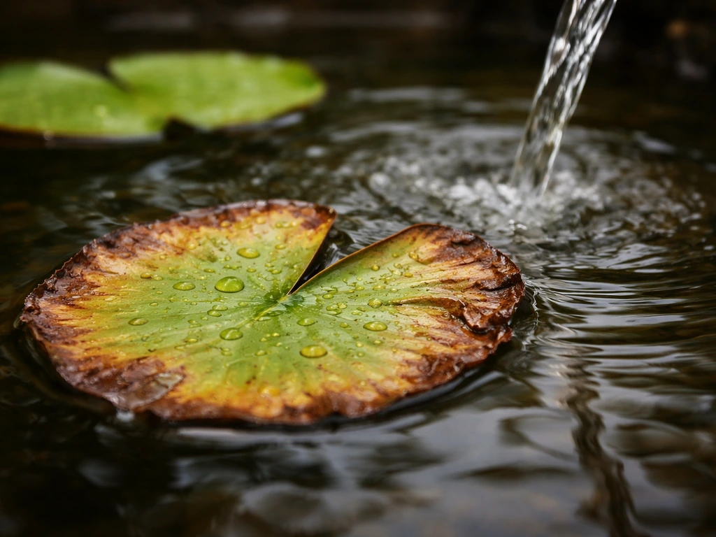 Close-up of salt-stressed water lily leaves with browned edges, beside a clear low-salinity water change scene