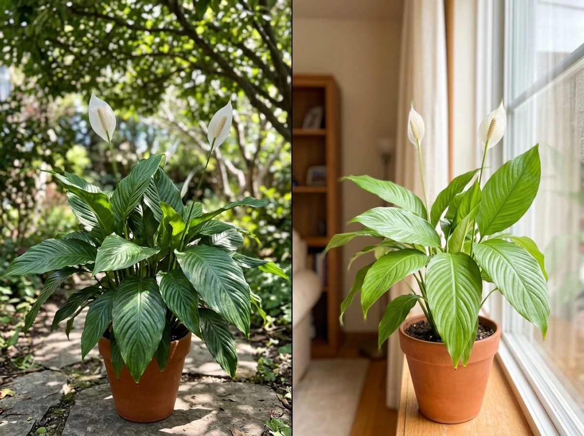 Peace lily leaves kept outdoors under tree shade compared to bright indoor window light