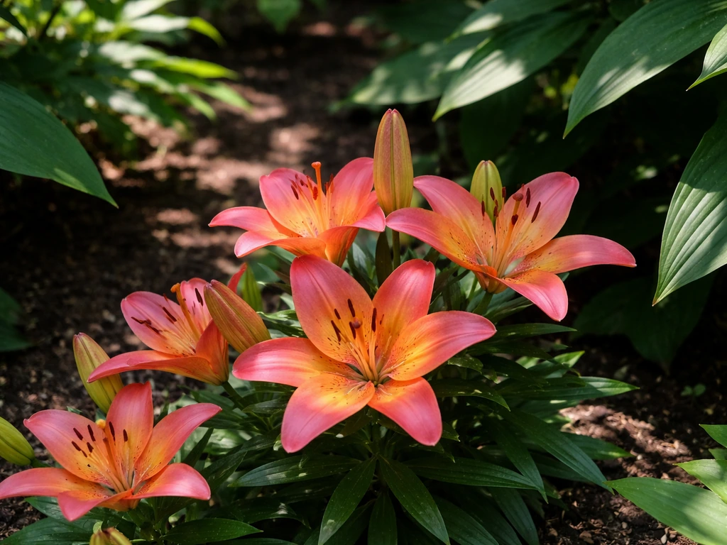Vibrant Asiatic lily blossoms in a garden bed, with nearby leafy shade and sunlit patches