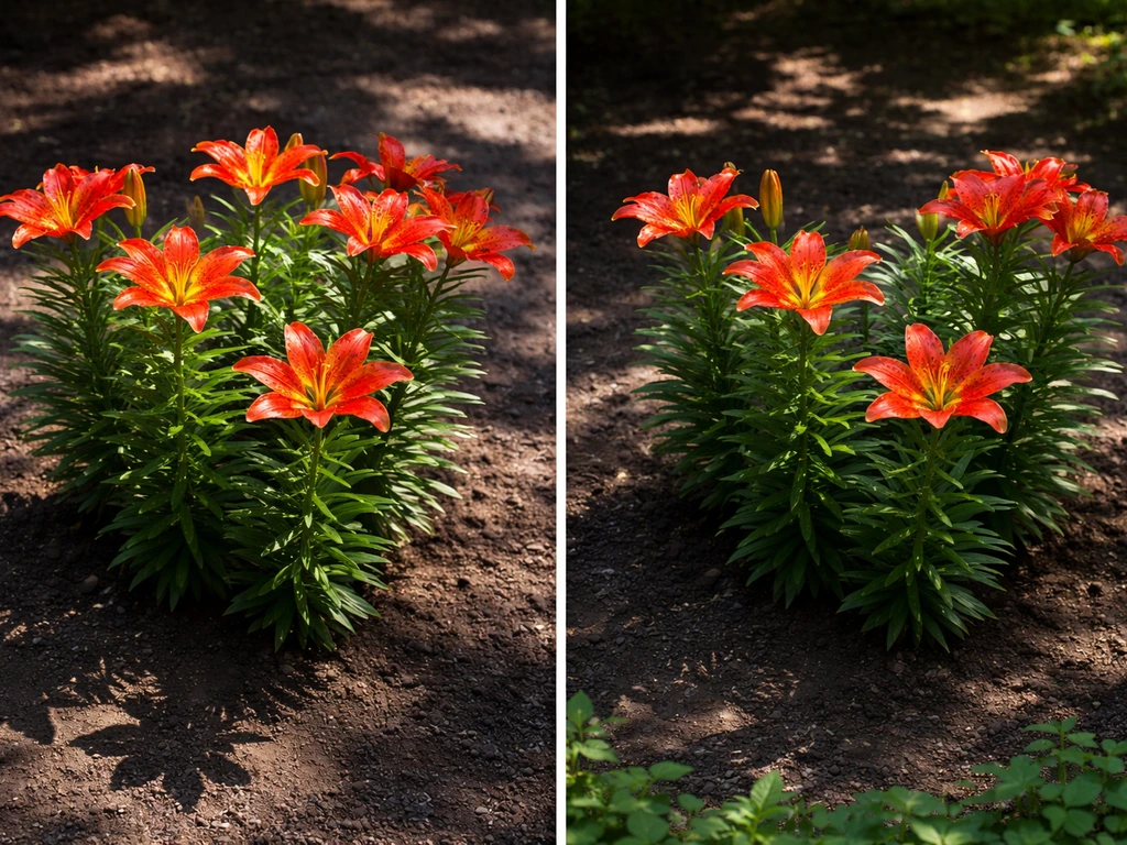 Asiatic lily bed split between bright full sun and dappled partial shade.