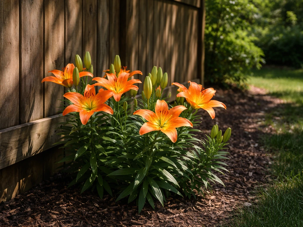 Asiatic lilies near a garden fence, lit by morning sun with surrounding areas in partial shade