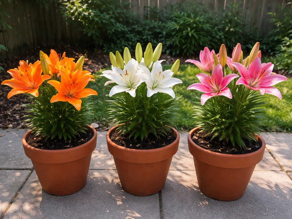 Three Asiatic lily cultivars in pots side-by-side under similar partial sun, showing visible variety differences.