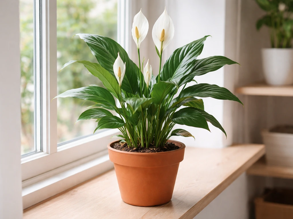 Peace lily in a pot thriving indoors near a window with healthy green leaves and white blooms