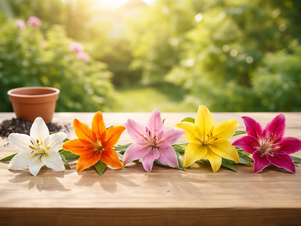Five distinct lily flowers on a wooden table with soft garden light, minimal and uncluttered.