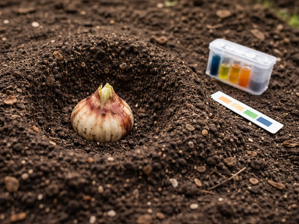 Close-up of a lily bulb in well-draining, slightly acidic soil with a pH strip testing kit nearby.