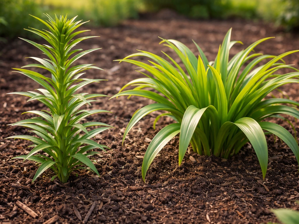 Two lily-like plants in a garden bed side by side, showing different leaf shapes for identification.