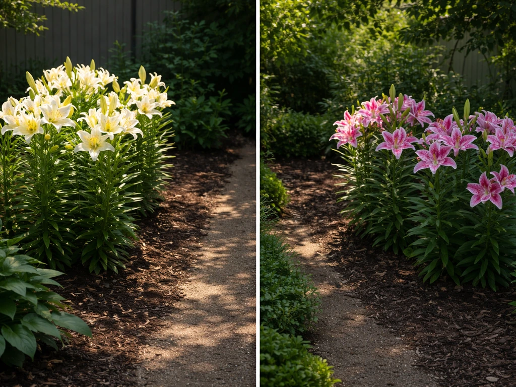 Two outdoor lily beds side by side: one sunny and one lightly shaded, showing different lily plants in each spot.