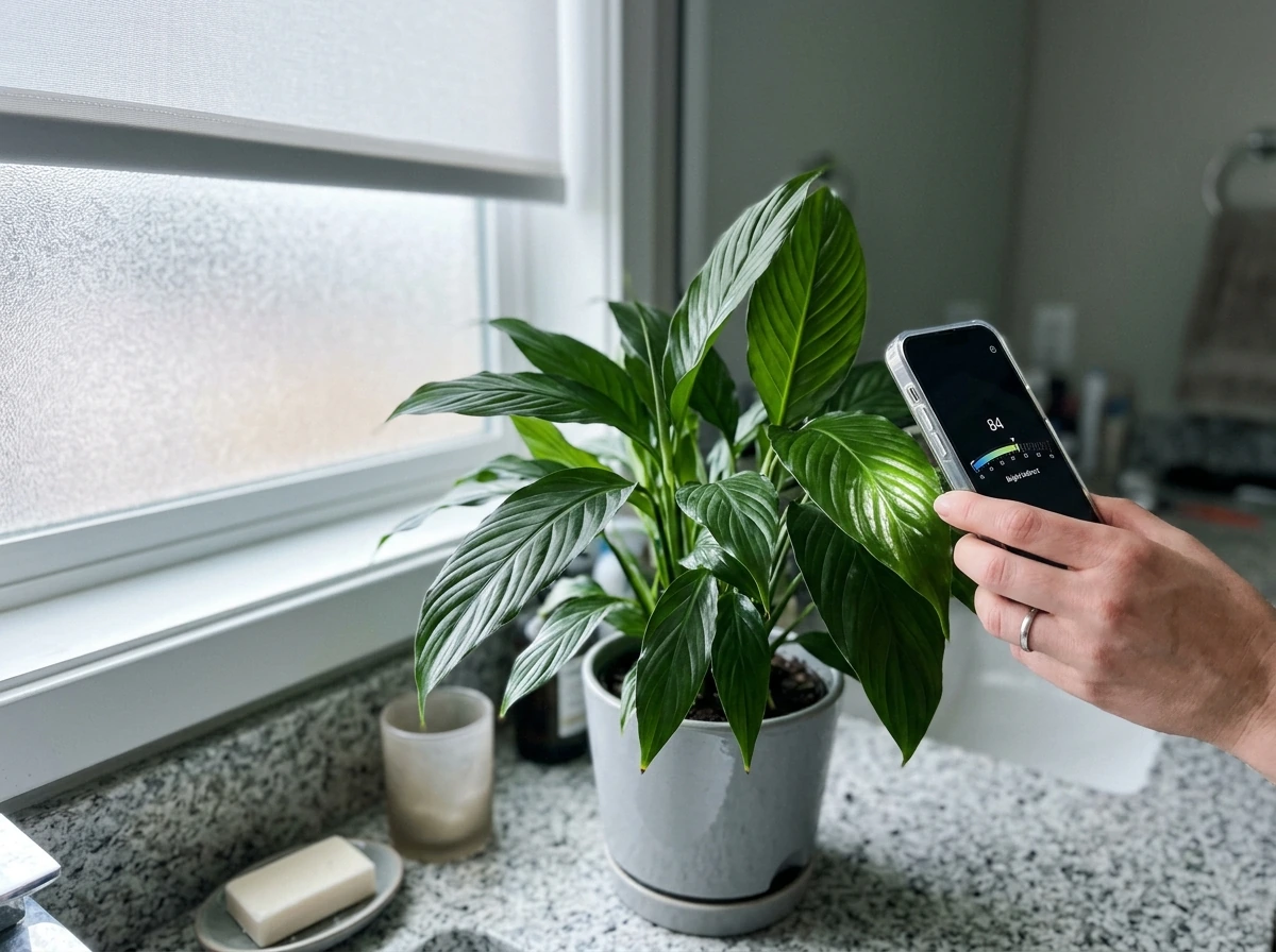 Peace lily placed to receive bright indirect light near a bathroom window