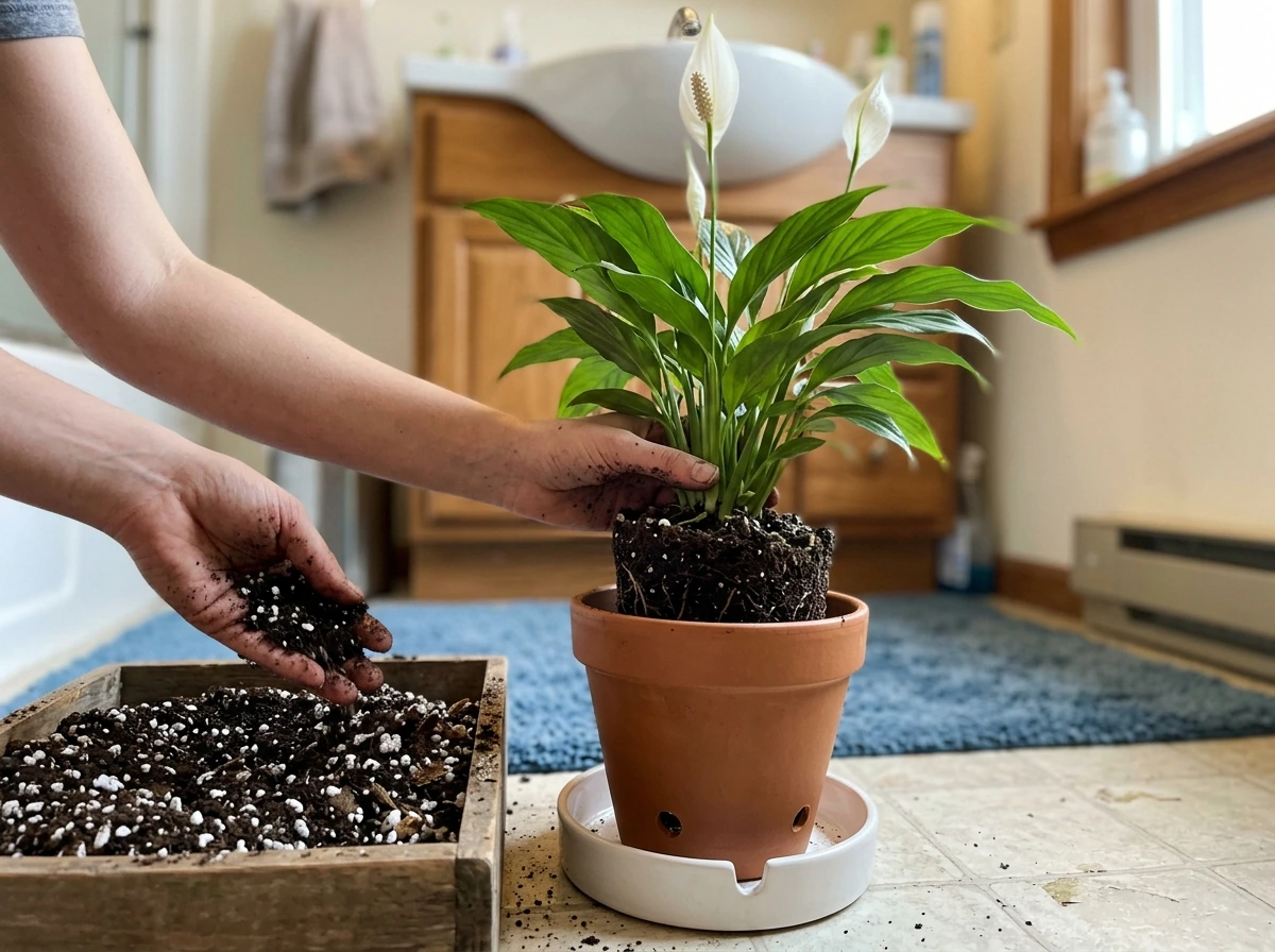 Repotting a peace lily with well-draining mix and visible drainage holes