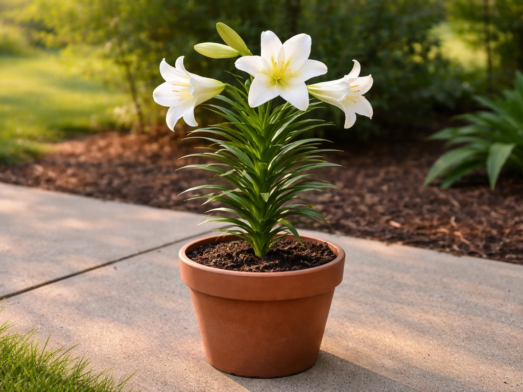 White Easter lily in a pot on an outdoor patio with garden soil in soft natural light.
