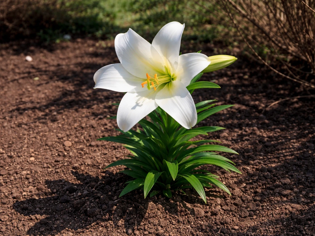 White Easter lily in bright full sun with crisp shadows, gentle breeze, simple garden background.