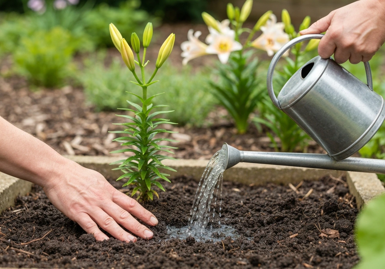 Hand checks moistness of soil near Easter lilies and carefully waters the base outdoors.