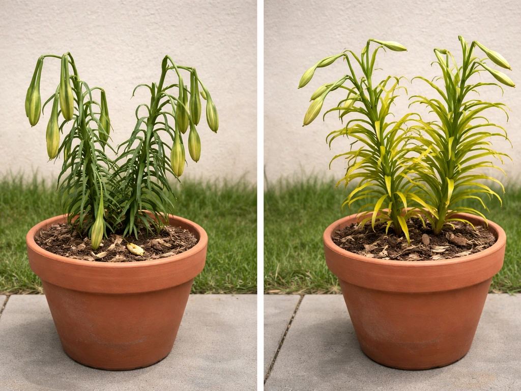Two potted Easter lilies outdoors: one with dropped buds, one with yellowing leaves
