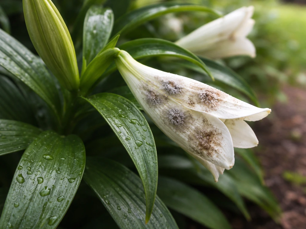 Close-up of Easter lily leaves and petals with fuzzy gray mold patches from damp conditions.