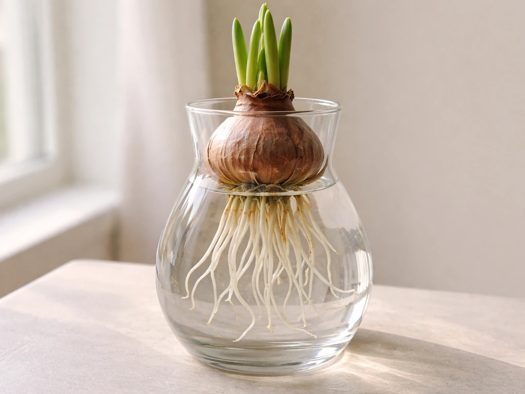 Close-up of a spider lily bulb with roots in a clear glass vase under bright indirect light.