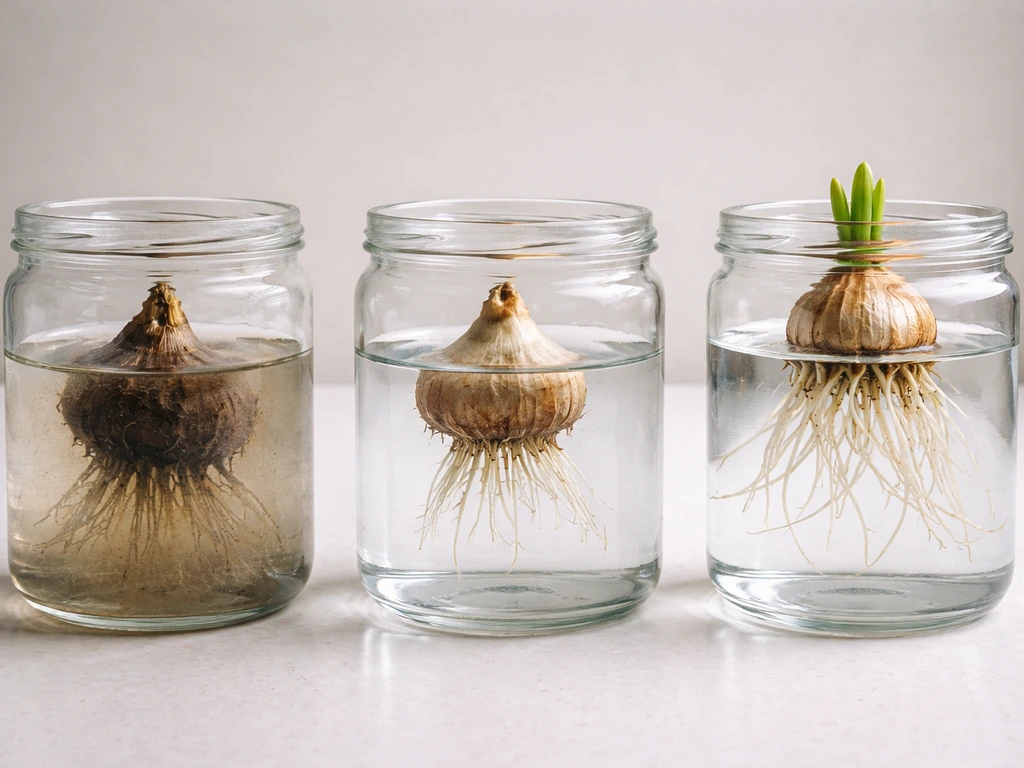 Three simple water setups showing spider lily bulb placement and rot risk: submerged, waterline-touching, and roots-only