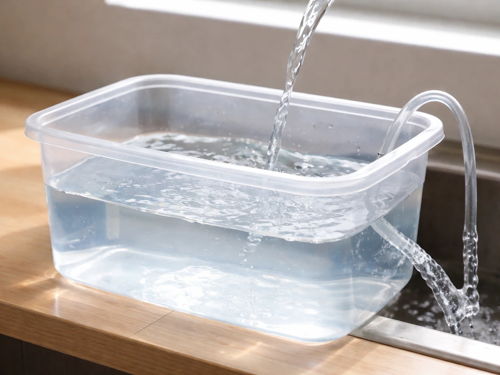 Room-temperature water being poured out and replaced in a clear aquarium container during a routine water change.