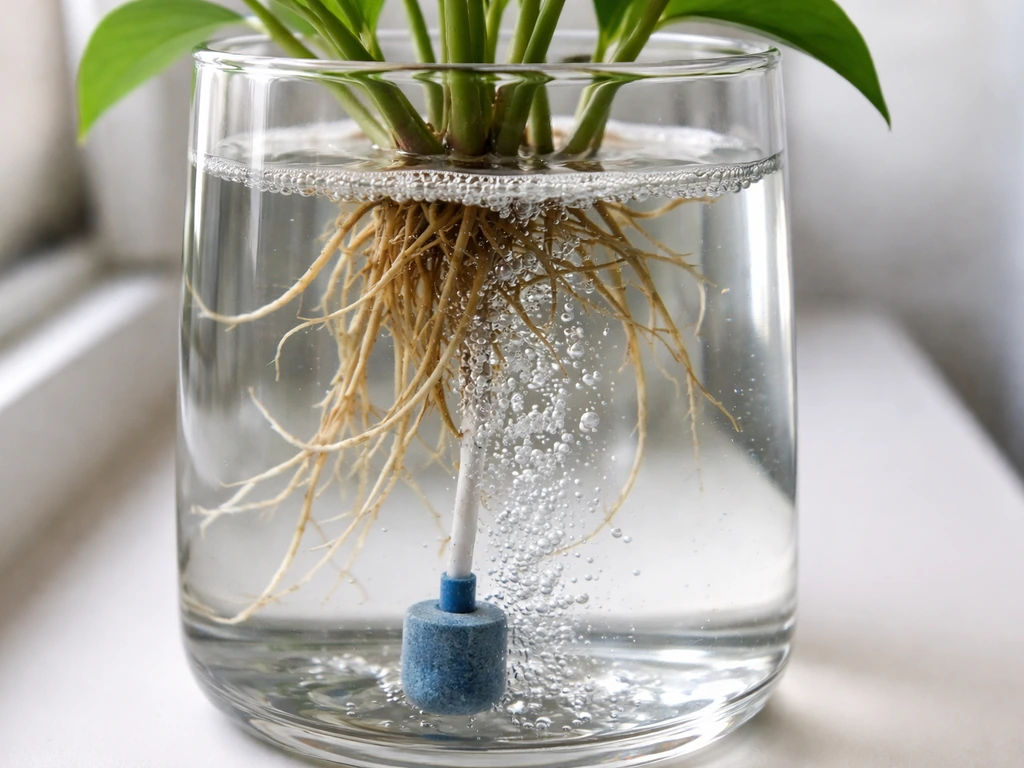 Close-up of a clear water vase with submerged roots and a small airstone releasing gentle bubbles.