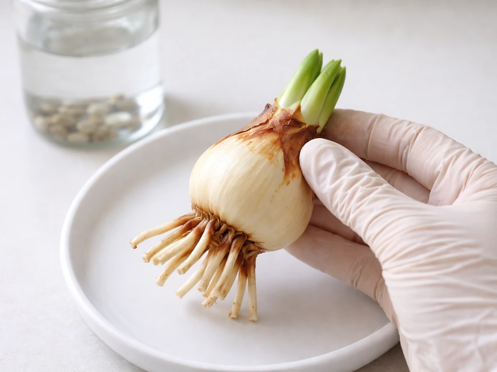 Fresh firm spider lily bulb on a dish with trimmed brown roots, next to a water jar for planting.