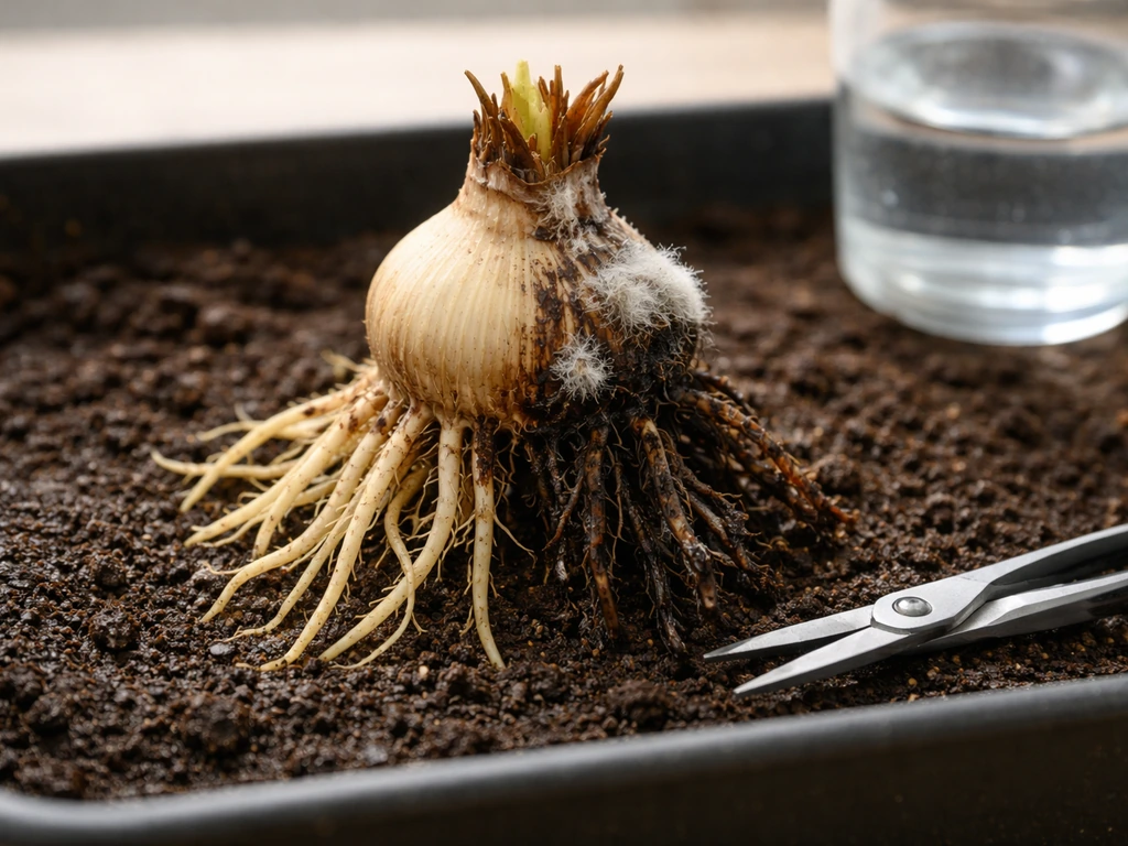 Close-up of healthy plant roots next to mushy, foul-rot roots and faint mold on a bulb, in soil and water