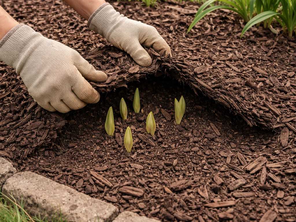 Gardeners lifting mulch to check whether lily shoots can break through the soil