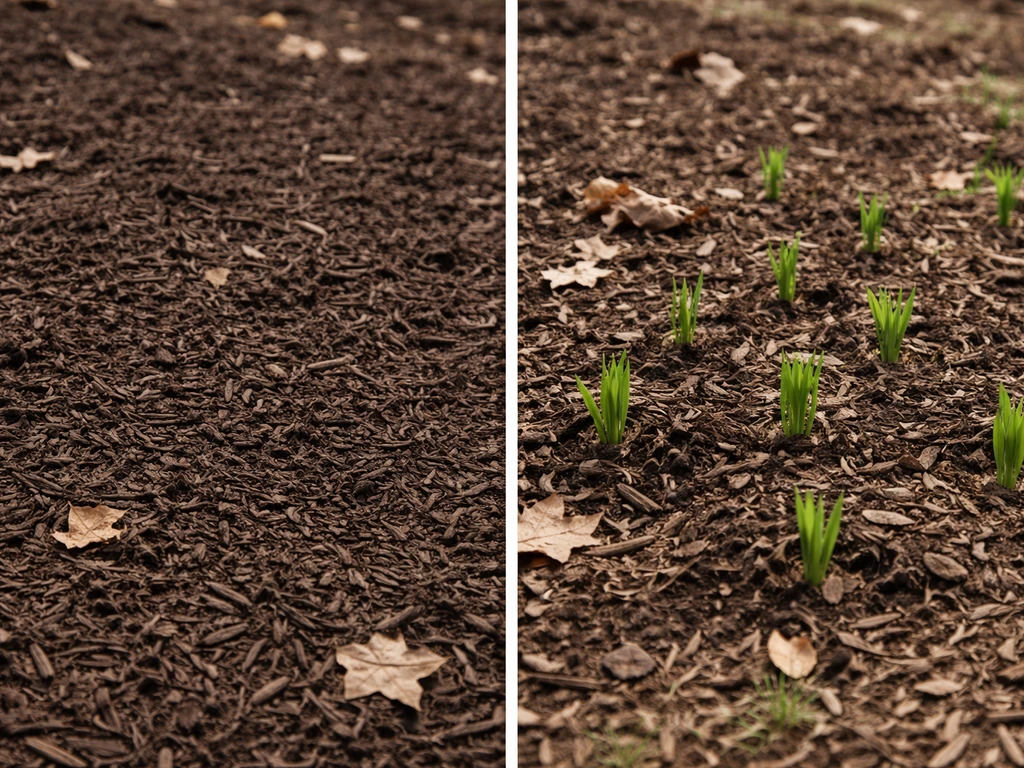 Garden bed with mulch applied right after fall planting vs spring shoots emerging through mulch.