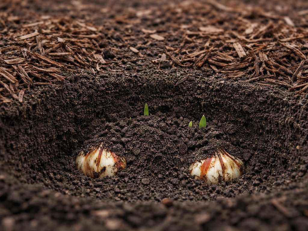 Close-up of a planted true garden lily bulb area with mulch pulled back from the emerging growth spot.