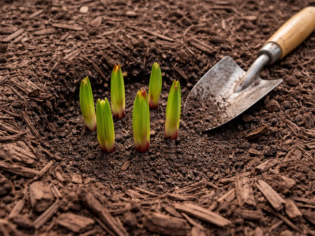 Mulch pulled back to leave clearance around emerging lily shoots in a simple garden bed.