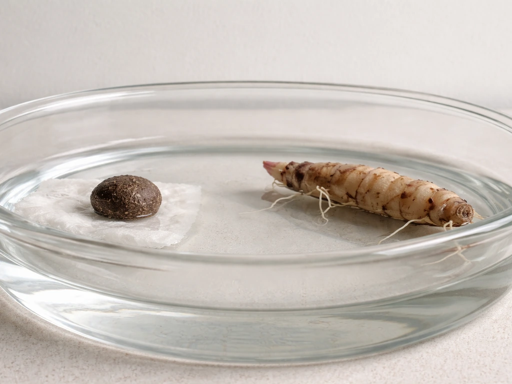 Lotus seed beside lotus rhizome above a shallow water container, showing seed and tuber propagation.