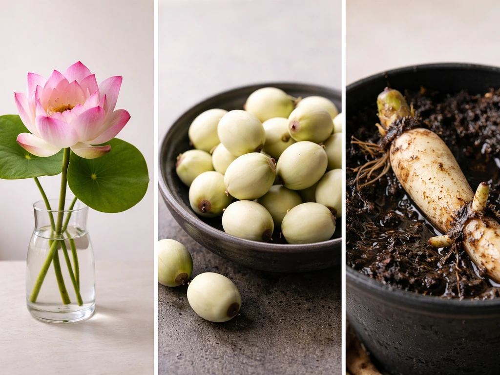 Three-part photo showing cut lotus bloom in a vase, lotus seeds closeup, and a wet lotus tuber on substrate.