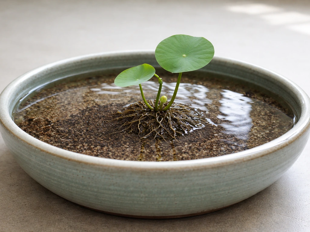 Wide shallow pot with aquatic substrate and water level, showing roots near the bottom for lotus setup.